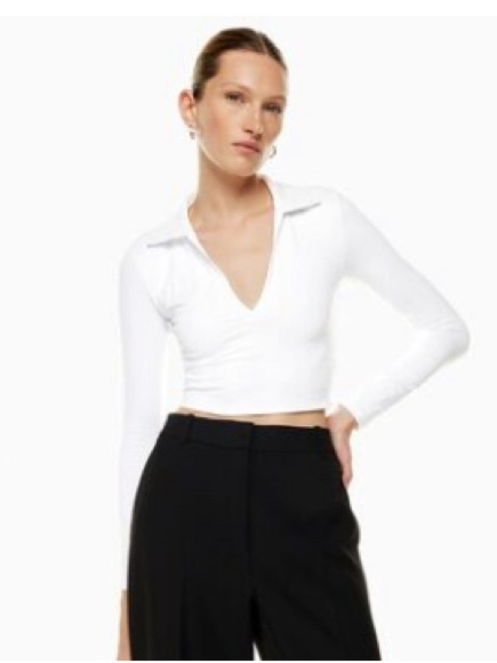 Babaton White Cropped Deep V Long Sleeve Collared Top